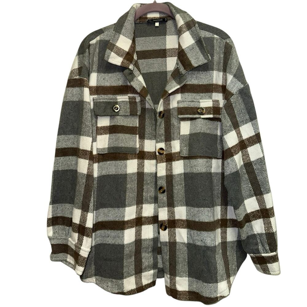 Nowrain Plaid Shacket Jacket Large Cozy Neutral Flannel Layer
